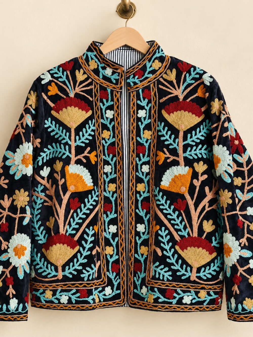 Black Suzani Velvet Jacket Embroidered Floral Short Coat Women Vintage Boho